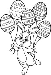 Naklejka premium A black and white illustration of a happy Easter bunny holding four balloons in the shape of Easter eggs