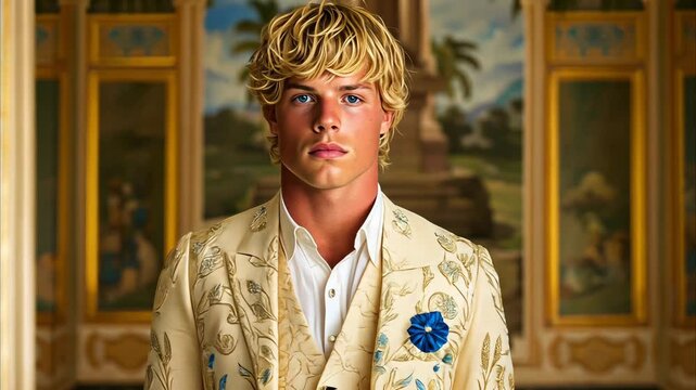 Elegant young man in luxury suit with blue eyes and blond hair, showcasing fashion in portrait with intricate patterns and classical decor.