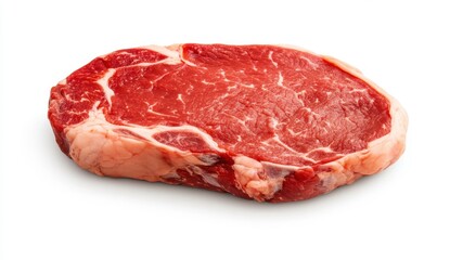 Fototapeta premium Raw beef steak on white background. Red meat, marbling visible. Studio shot, close up.
