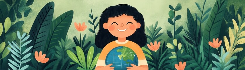 A smiling girl holds a globe surrounded by lush greenery and flowers, symbolizing care for the planet and nature.