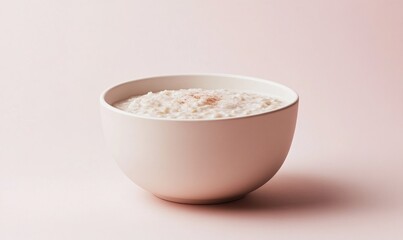 Delicious risengrynsgrt rice porridge served in a smooth ivory bowl against a soft pink background for a cozy breakfast treat