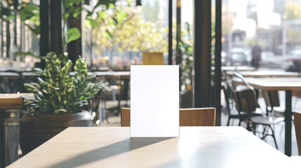 Fototapeta premium Blank white menu mockup on table in city cafe in bright light