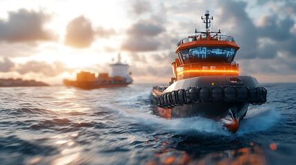 Obraz premium Innovative ai-powered container vessel in action maritime environment shipping industry futuristic technology dynamic viewpoint ocean exploration