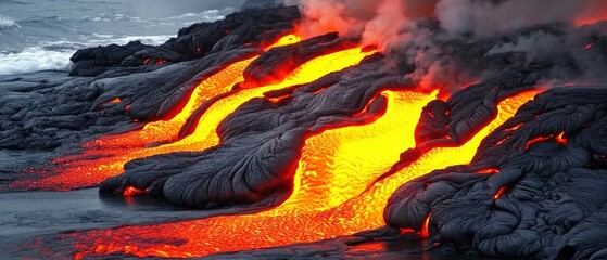 A stunning close-up of molten lava from Kilauea Volcano, oozing slowly over the cracked black basalt landscape