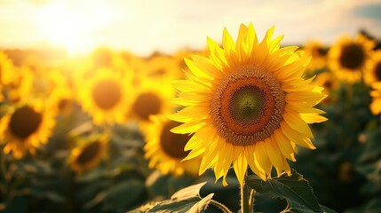 Fototapeta premium A beautiful sunflower field swaying in the wind during late summer harvest