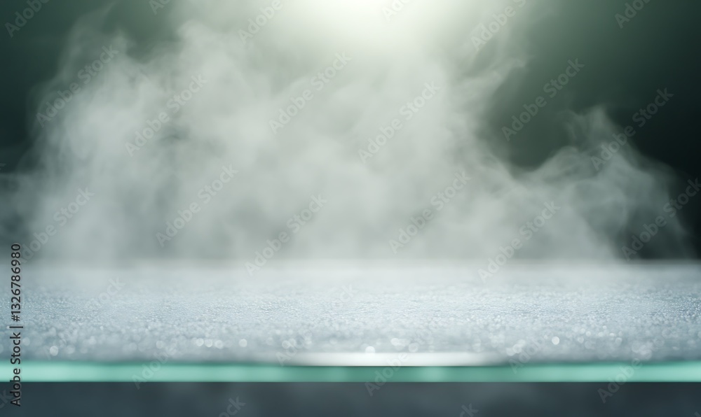 Poster steam rises from a surface, illuminated by a bright light, creating a mystical atmosphere.