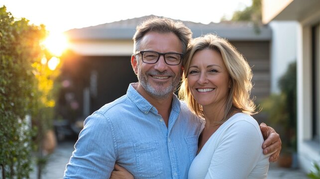 Happy smiling middle aged romantic affectionate couple mature older man and woman hugging standingin front of house together looking at camera enjoying in modern real estate. Portrait.