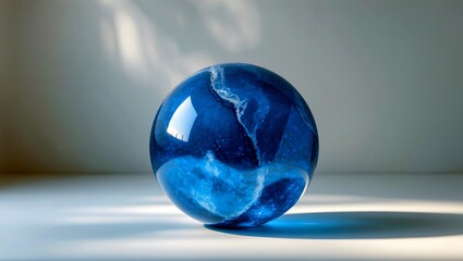 Blue glass marble sphere on minimalist light background