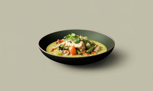 Creamy green curry with chicken and fresh vegetables served on a smooth dark green plate in a minimalistic setting - Powered by Adobe