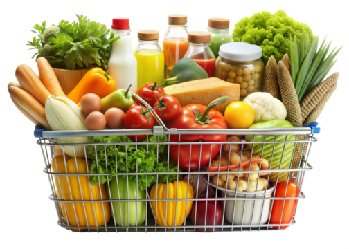 Supermarket Shopping Basket Full of Groceries. Realistic Grocery Shopping Basket with Food Items on transparent background.
