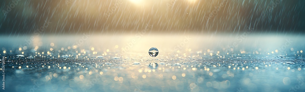 Poster raindrops create ripples on a reflective surface, evoking a serene, tranquil atmosphere.