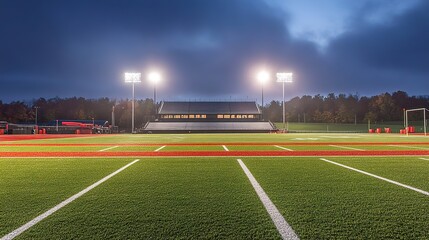 Nighttime football stadium view from the field, glowing lights, blurred background, capturing the essence of sports energy.
