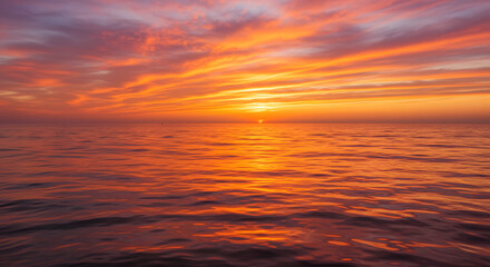 Fototapeta premium A stunning sunset over the ocean, with warm orange and pink hues reflecting on the water.