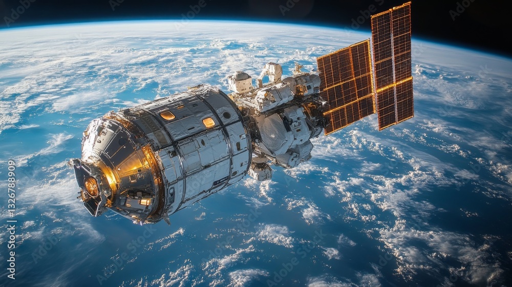 Poster A spacecraft orbits Earth, equipped with solar panels and advanced instrumentation, actively transmitting telemetry signals for GPS and GNSS positioning.