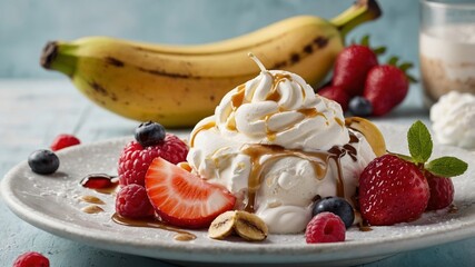Delicious dessert with fresh berries and whipped cream close up