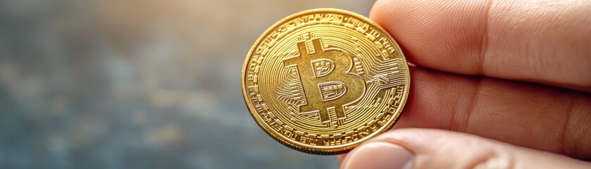 A hand holds a shimmering gold coin, showcasing intricate designs against a blurred background, symbolizing wealth and value.