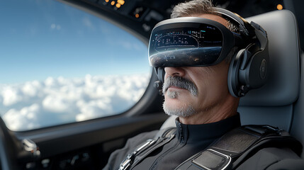 Pilot using virtual reality headset for flight simulation aircraft cockpit technology review cloudy skies close-up perspective innovative training