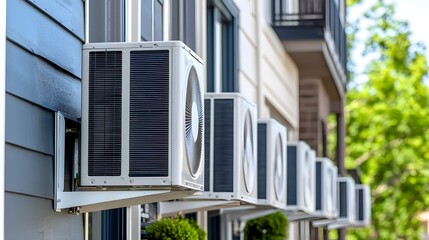 Row of Modern Air Conditioning Units Installed on the Exterior of a Residential Building