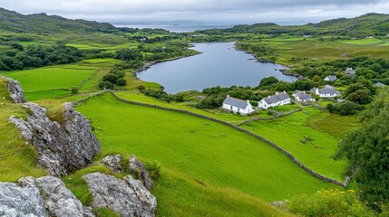 Elevated view of serene coastal landscape, showcasing lush green fields, whitewashed houses, and a tranquil lake extending towards a distant coastline under a cloudy sky.