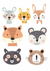 Hand Drawn Cute Animal Faces with Simple Drawing Strokes and Pastel Colors