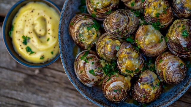 A close-up shot of a plate of fresh bulots (sea snails) served with a side of creamy mayonnaise