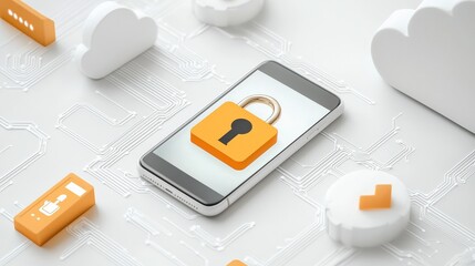 A smartphone with a lock icon is surrounded by cloud symbols, representing digital security and cloud computing.