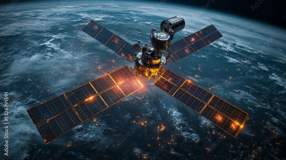 Aufkleber high-tech satellite equipped with solar panels orbits the earth, facilitating transmission and telem