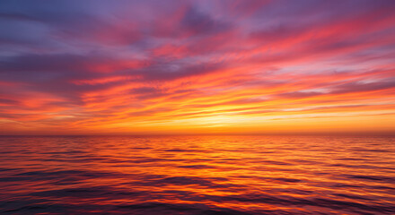 A stunning sunset over the ocean, with warm orange and pink hues reflecting on the water.