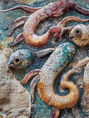 Obraz premium An intricate close-up of an ancient Roman mosaic in the ruins of Carthage, Tunisia