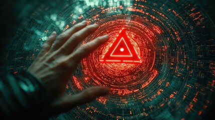 Futuristic Interface Control Hand Interacting with Red Warning Triangle Digital Hologram Sci-Fi Technology Concept