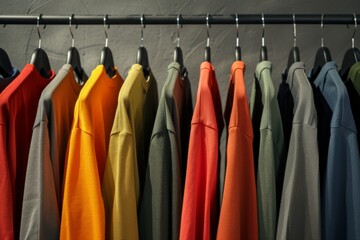 A vibrant display of various t-shirts hanging on a rack, showcasing different colors and styles