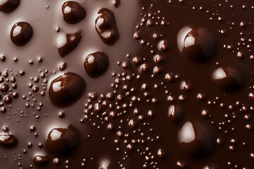 Chocolate drops on brown surface with glossy texture. Neural network AI generated