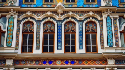 Fototapeta premium Colorful mosaic window patterns on ornate facade