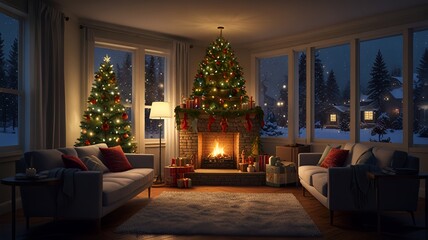 "Cozy Christmas Living Room with Decorated Tree, Fireplace, and Snowfall – Ultra-Realistic Indoor Holiday Scene"