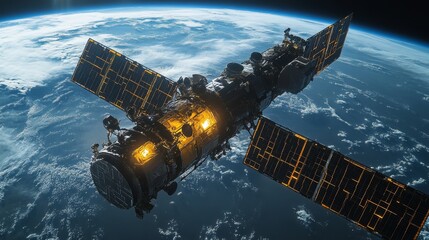 A sophisticated spacecraft orbits Earth, equipped with solar panels and advanced monitoring systems. It captures vital telemetry data for geospatial surveillance and analysis, utilizing AI.