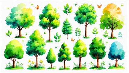 Colorful watercolor tree collection for spring and summer
