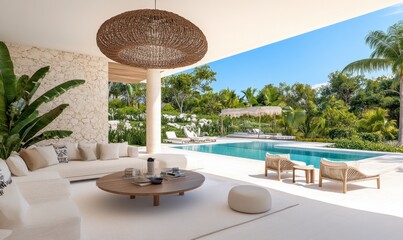 Relaxing outdoor lounge area with beige sofas, a round wooden coffee table, and a view of a tropical pool and lush greenery under a bright sunny sky.