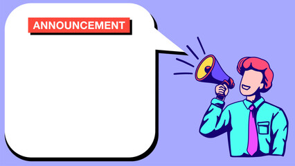 Businessman shout and holding a megaphone with text box or copy space on the side. Horn, Megaphone Speaker, Loudspeaker, Important Announcement, attention, advertisement, information, ideas, feedback