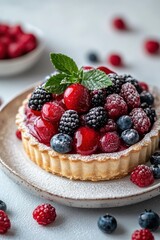 Delicious Berry Tart with Fresh Fruits and Mint Leaves on a Light Background