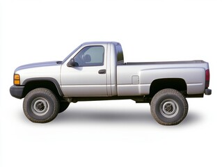 Silver extended cab pickup truck with large off road tires, isolated on white background. Side profile view.