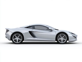 Obraz premium Silver sports car, side profile view, isolated on white background. Sleek design, aerodynamic body, and metallic finish. Modern luxury vehicle.
