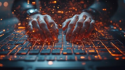 Hands Typing on Illuminated Keyboard with Glowing Orange Digital Data in Dark Setting