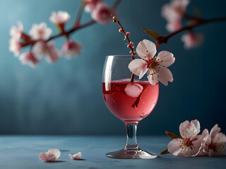 high resolution, real photo, a wine glass, clear pink drink, decorated with a long branch of cherry blossoms in a wine glass, a white straw, a few fallen cherry blossom petals, blue color background