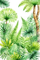 Watercolor painting showcasing a vibrant array of prehistoric tropical forest plants, creating a lush, green, and wild natural scene