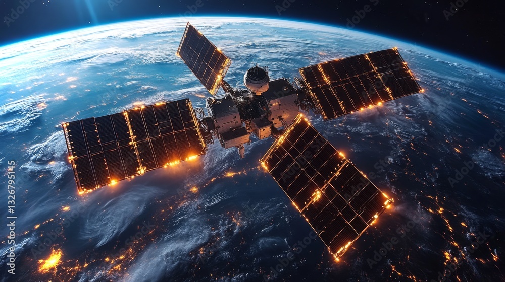 Aufkleber in orbit around earth, a satellite harnesses solar panels to transmit signals and telemetry data for