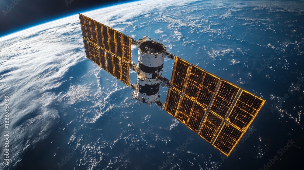 Poster A satellite orbits Earth, equipped with solar panels and communication instruments. It is actively transmitting telemetry signals crucial for global positioning systems and tracking.