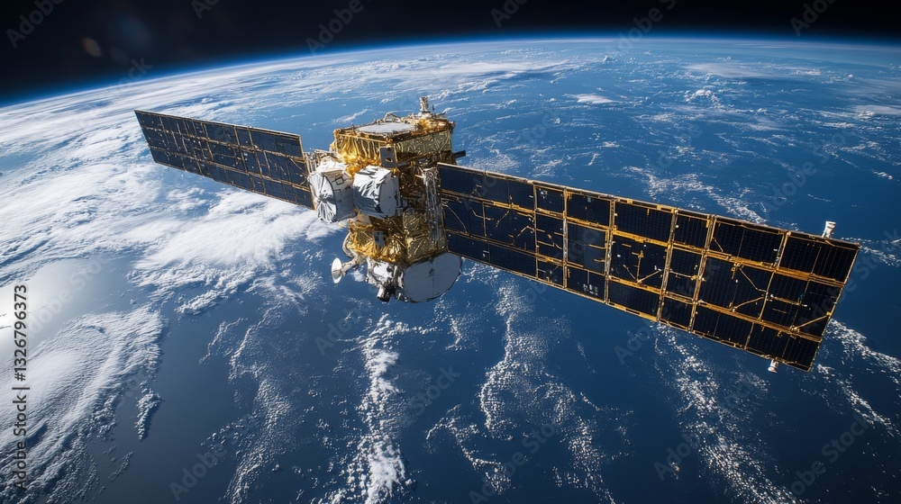 Poster A satellite orbits Earth, equipped with solar panels and instruments. It transmits telemetry and positioning signals crucial for satellite navigation systems and tracking technologies.