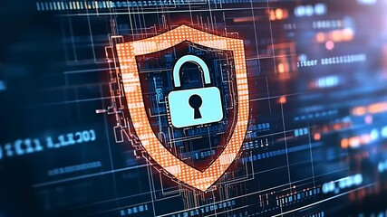 Digital security shield with a padlock symbolizing cybersecurity amidst a network of data streams - Powered by Adobe