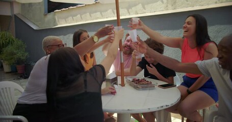 Diverse group of friends and family cheerfully raising cups in unison, toasting together at an outdoor barbecue, celebrating unity and joy in a vibrant backyard setting