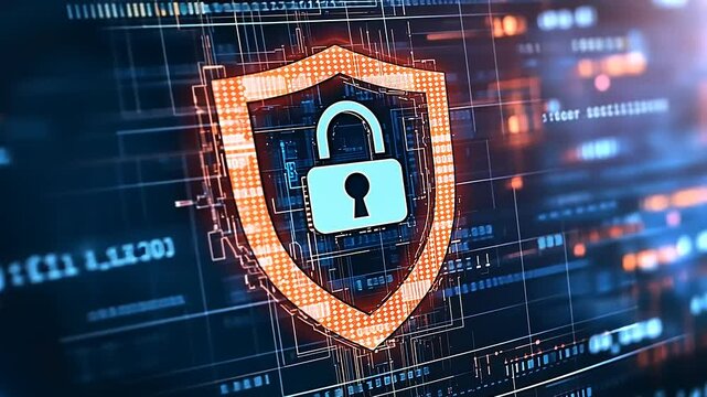 Digital security shield with a padlock symbolizing cybersecurity amidst a network of data streams